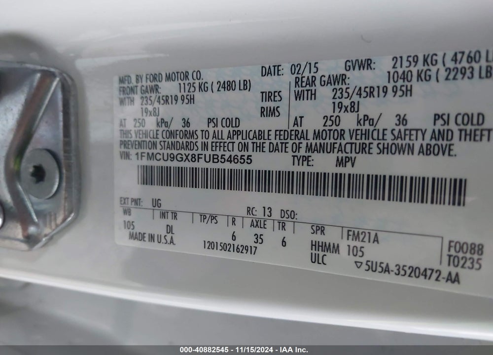 2015 FORD ESCAPE SE VIN: 1FMCU9GX8FUB54655