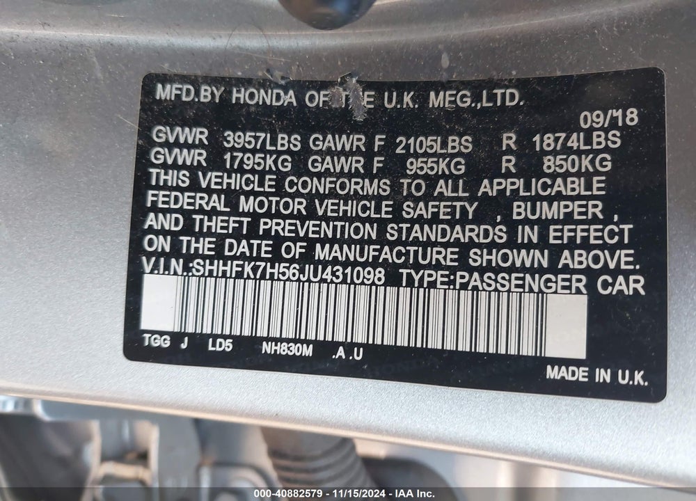 2018 HONDA CIVIC EX VIN: SHHFK7H56JU431098