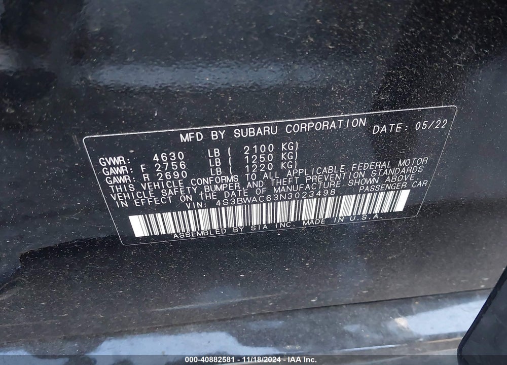 2022 SUBARU LEGACY VIN: 4S3BWAC63N3023498