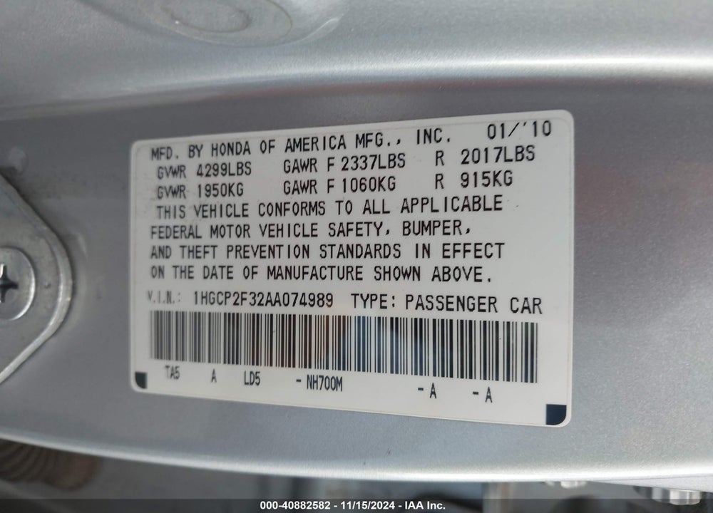 2010 HONDA ACCORD 2.4 LX VIN: 1HGCP2F32AA074989