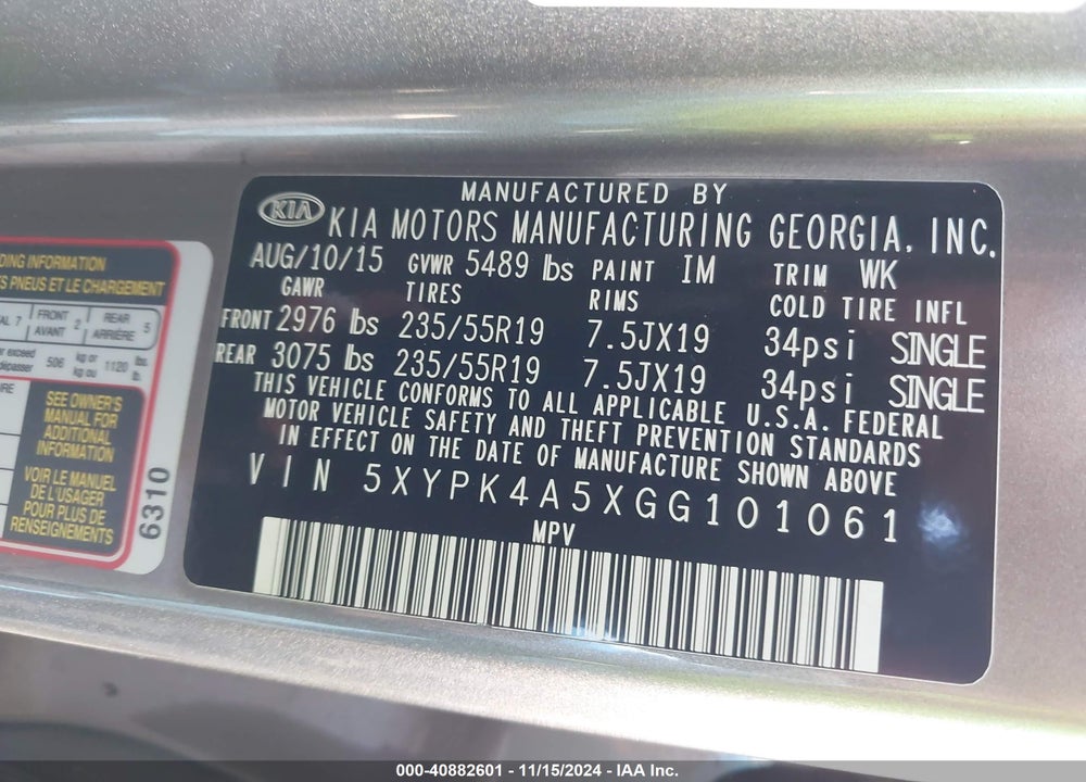 2016 KIA SORENTO 3.3L SXL VIN: 5XYPK4A5XGG101061