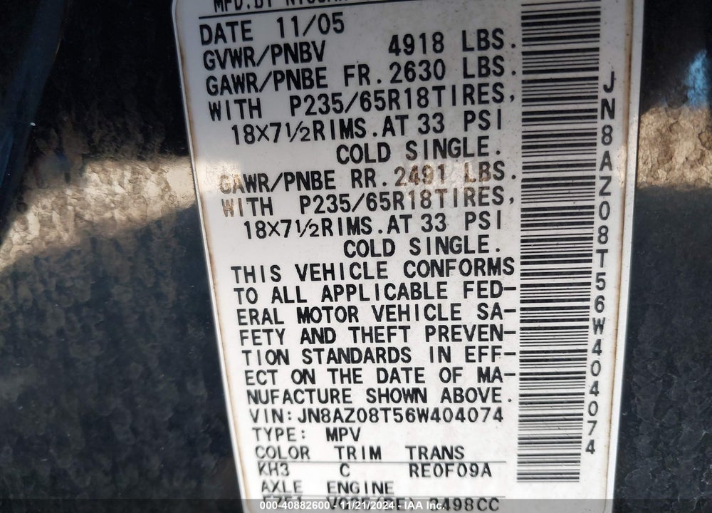 2006 NISSAN MURANO SL VIN: JN8AZ08T56W404074