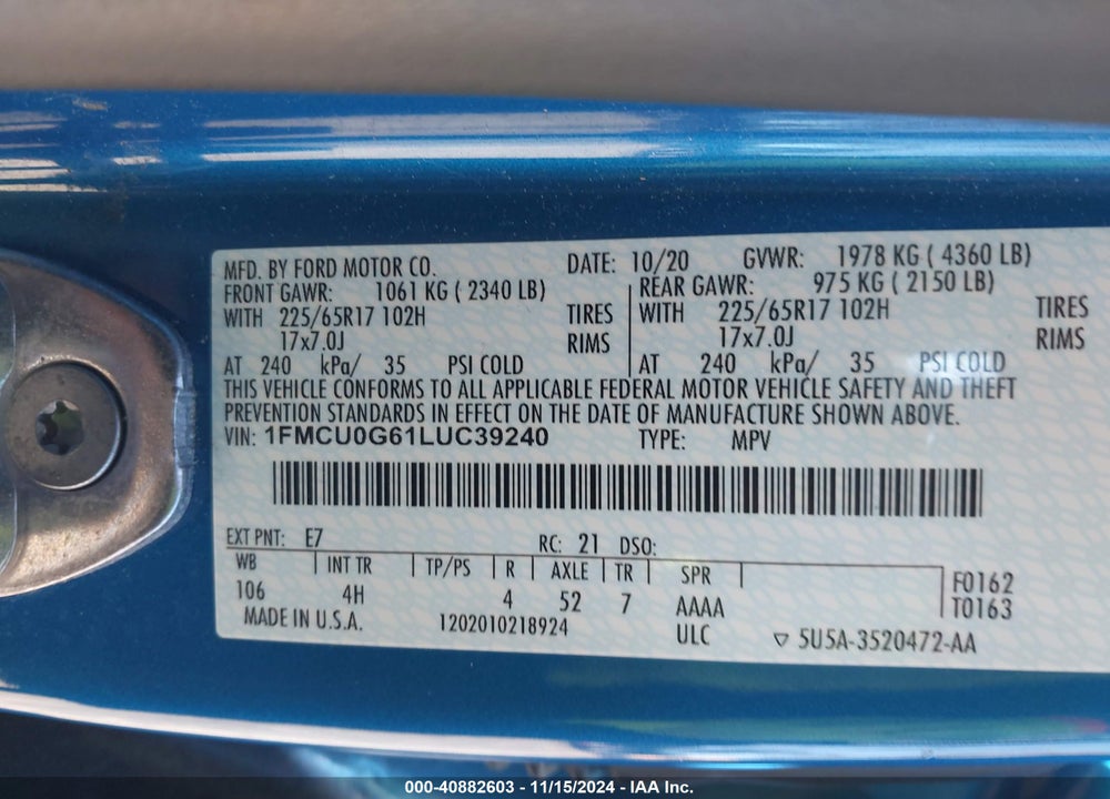 2020 FORD ESCAPE SE VIN: 1FMCU0G61LUC39240