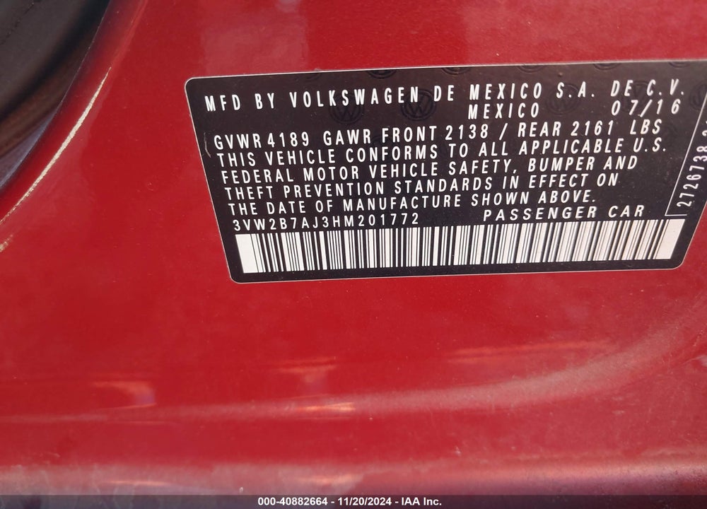 2017 VOLKSWAGEN JETTA 1.4T S VIN: 3VW2B7AJ3HM201772