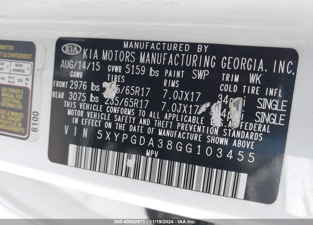 2016 KIA SORENTO 2.4L LX VIN: 5XYPGDA38GG103455
