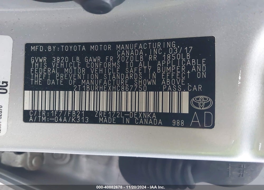 2017 TOYOTA COROLLA LE VIN: 2T1BURHEXHC867750
