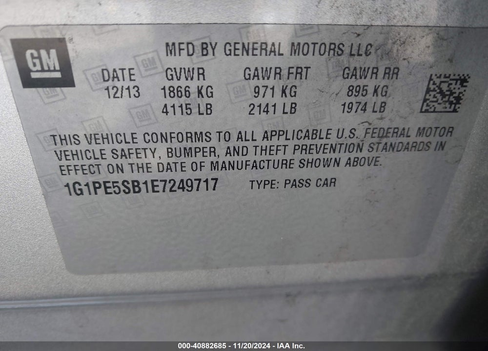 2014 CHEVROLET CRUZE VIN: 1G1PE5SB1E7249717
