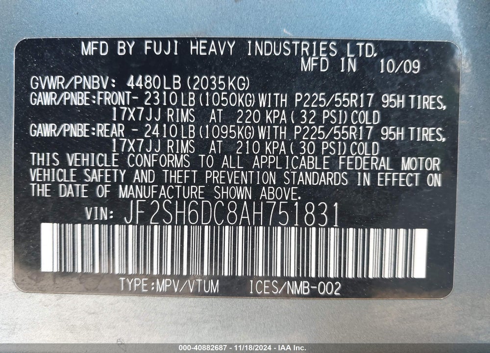 2010 SUBARU FORESTER 2.5X LIMITED VIN: JF2SH6DC8AH751831