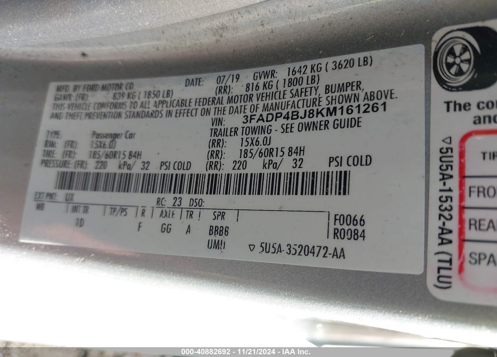 2019 FORD FIESTA VIN: 3FADP4BJ8KM161261