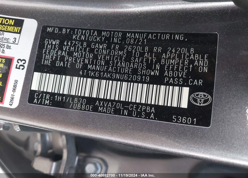 2022 TOYOTA CAMRY XSE VIN: 4T1K61AK9NU620919