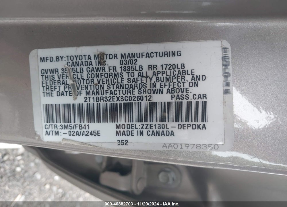 2003 TOYOTA COROLLA CE VIN: 2T1BR32EX3C026012