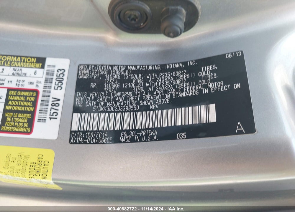 2013 TOYOTA SIENNA LE V6 8 PASSENGER VIN: 5TDKK3DC2DS383550