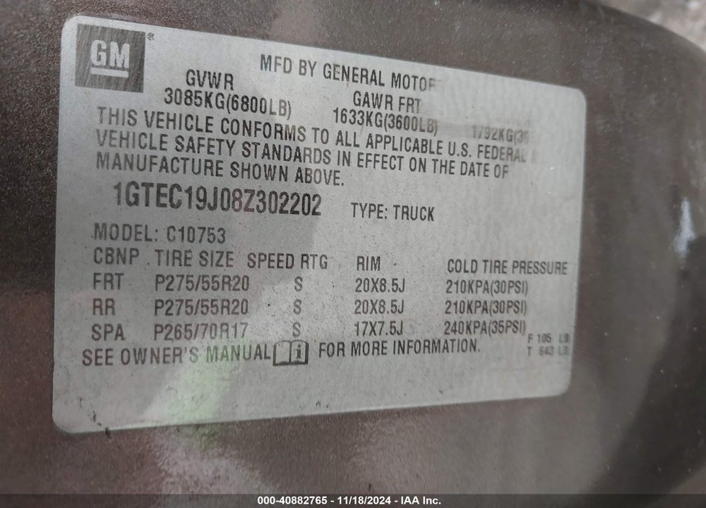 2008 GMC SIERRA 1500 SLE1 VIN: 1GTEC19J08Z302202