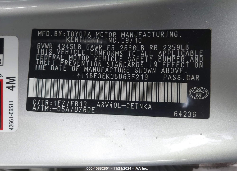 2011 TOYOTA CAMRY VIN: 4T1BF3EK0BU655219