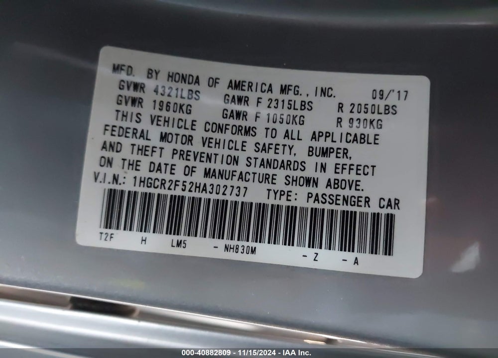 2017 HONDA ACCORD SPORT VIN: 1HGCR2F52HA302737