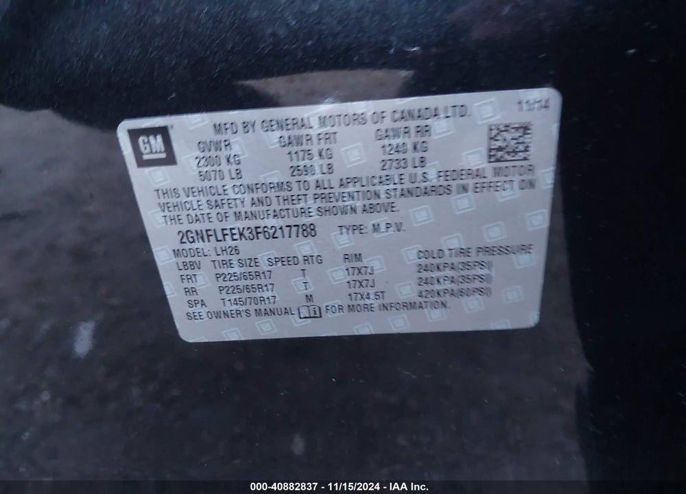 2015 CHEVROLET EQUINOX 1LT VIN: 2GNFLFEK3F6217788