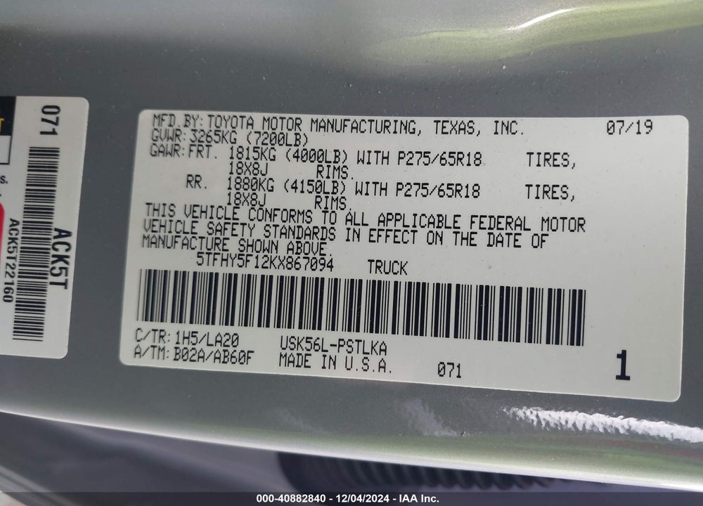 2019 TOYOTA TUNDRA LIMITED 5.7L V8 VIN: 5TFHY5F12KX867094
