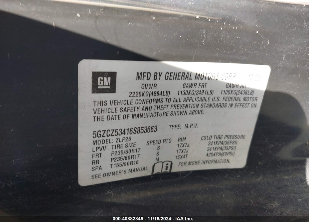 2006 SATURN VUE V6 VIN: 5GZCZ53416S853663