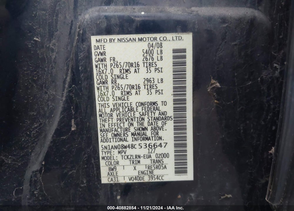 2008 NISSAN XTERRA S VIN: 5N1AN08W48C536647