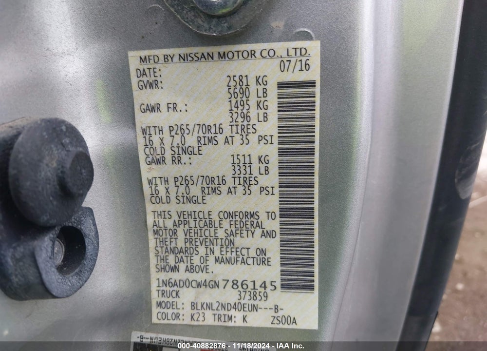 2016 NISSAN FRONTIER VIN: 1N6AD0CW4GN786145