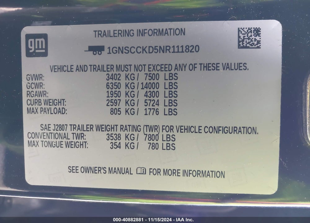 2022 CHEVROLET SUBURBAN 2WD LT VIN: 1GNSCCKD5NR111820