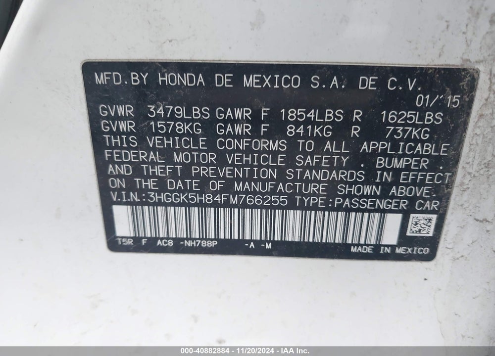 2015 HONDA FIT EX/EX-L VIN: 3HGGK5H84FM766255