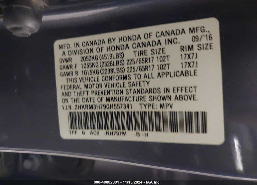2016 HONDA CR-V EX-L VIN: 2HKRM3H79GH557341