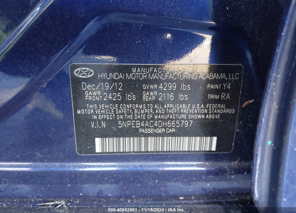 2013 HYUNDAI SONATA GLS VIN: 5NPEB4AC4DH665797