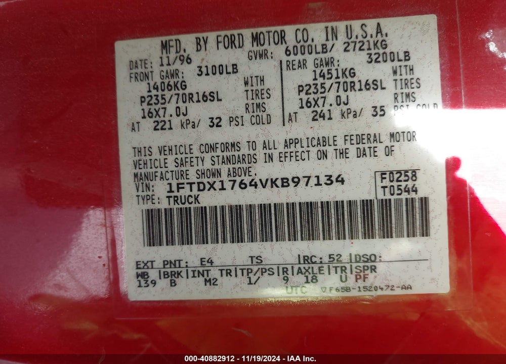 1997 FORD F-150 LARIAT/STANDARD/XL/XLT VIN: 1FTDX1764VKB97134