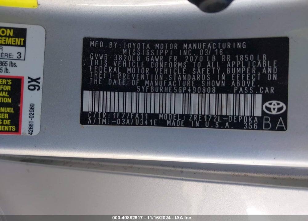 2016 TOYOTA COROLLA L VIN: 5YFBURHE5GP490808