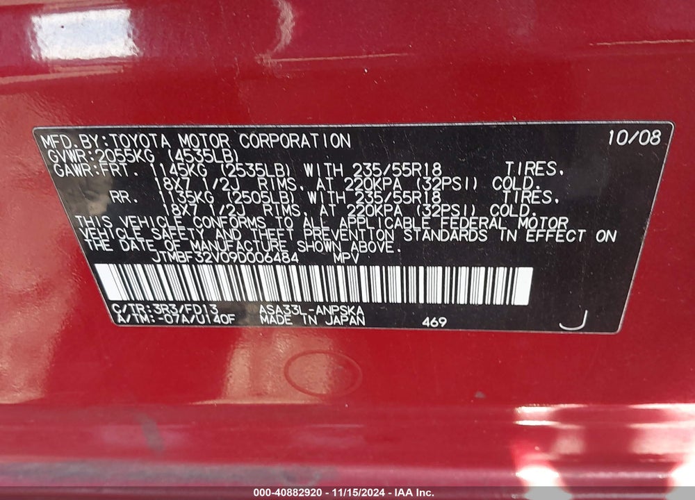 2009 TOYOTA RAV4 SPORT VIN: JTMBF32V09D006484