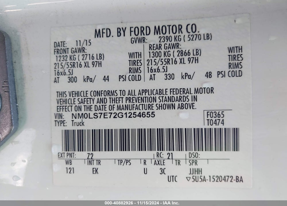 2016 FORD TRANSIT CONNECT XL VIN: NM0LS7E72G1254655