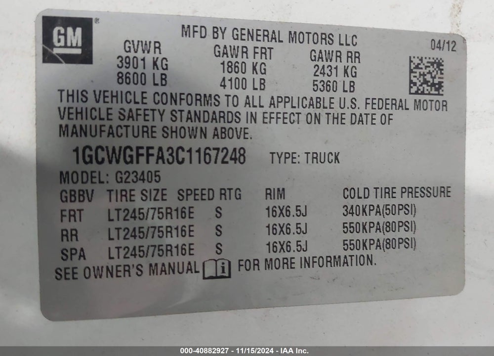 2012 CHEVROLET EXPRESS 2500 VIN: 1GCWGFFA3C1167248