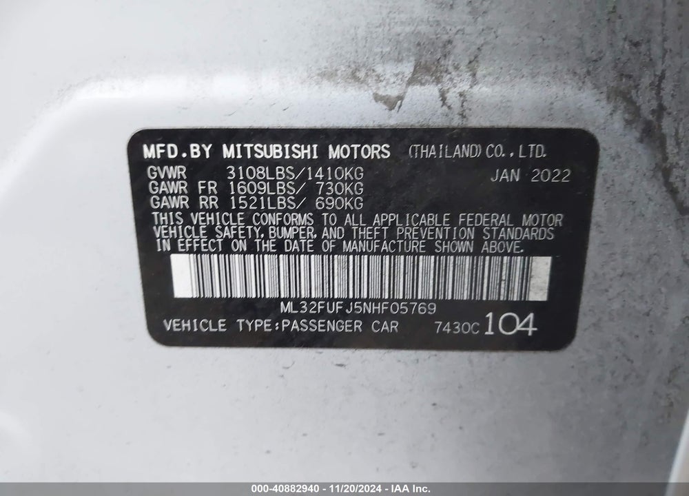 2022 MITSUBISHI MIRAGE G4 ES VIN: ML32FUFJ5NHF05769