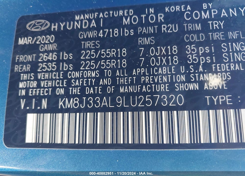 2020 HYUNDAI TUCSON ULTIMATE VIN: KM8J33AL9LU257320