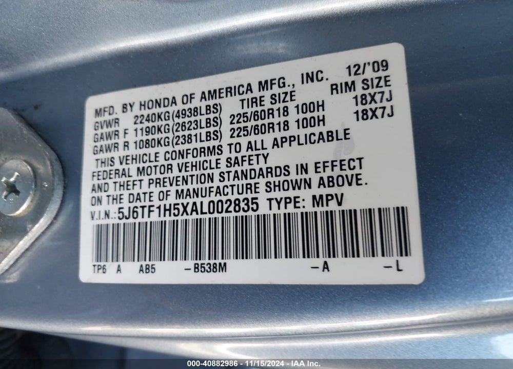 2010 HONDA ACCORD CROSSTOUR EX-L VIN: 5J6TF1H5XAL002835