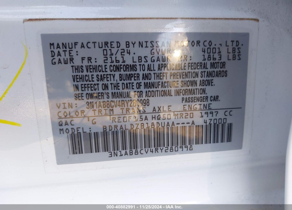 2024 NISSAN SENTRA SV XTRONIC CVT VIN: 3N1AB8CV4RY280998
