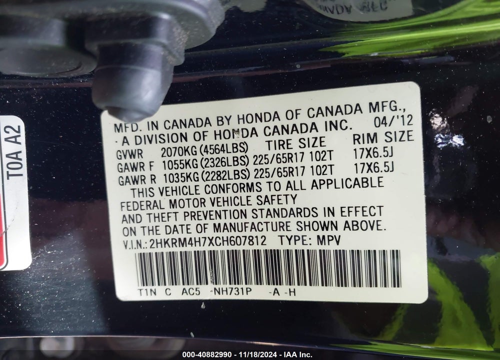 2012 HONDA CR-V EX-L VIN: 2HKRM4H7XCH607812
