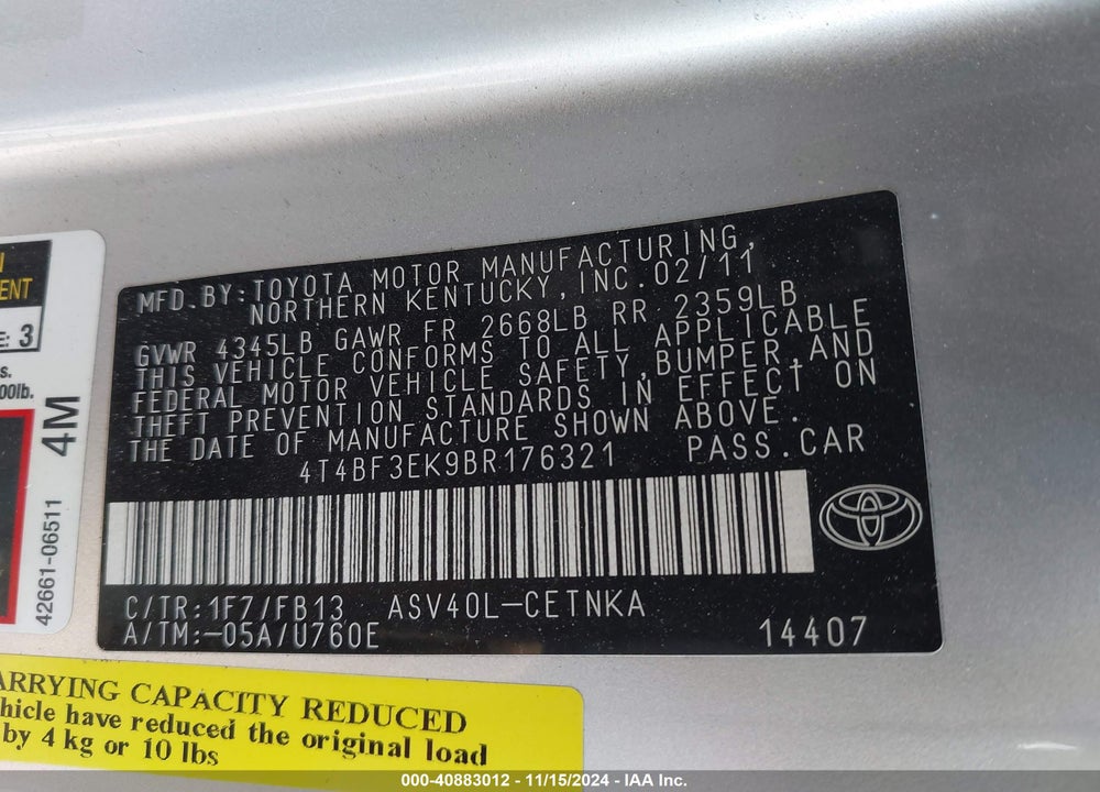 2011 TOYOTA CAMRY LE VIN: 4T4BF3EK9BR176321