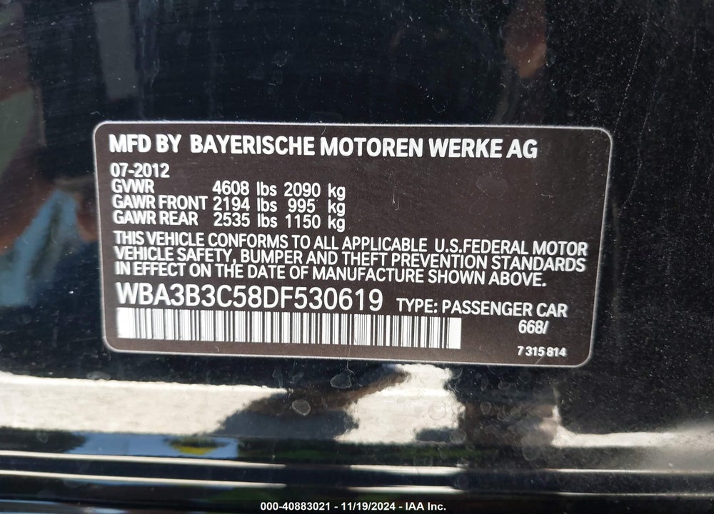 2013 BMW 328I XDRIVE VIN: WBA3B3C58DF530619