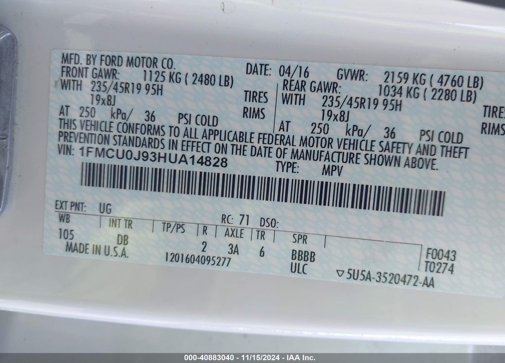 2017 FORD ESCAPE TITANIUM VIN: 1FMCU0J93HUA14828