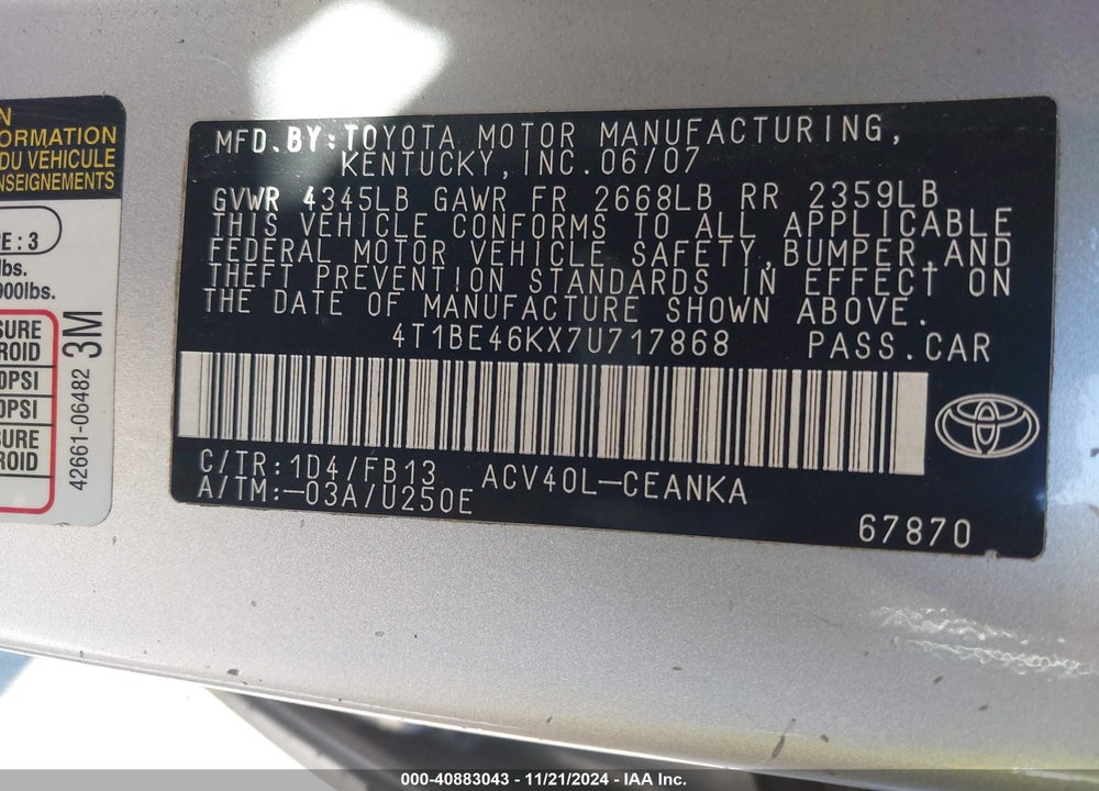 2007 TOYOTA CAMRY LE VIN: 4T1BE46KX7U717868