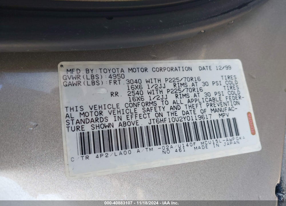 2000 LEXUS RX 300 VIN: JT6HF10U2Y0119617