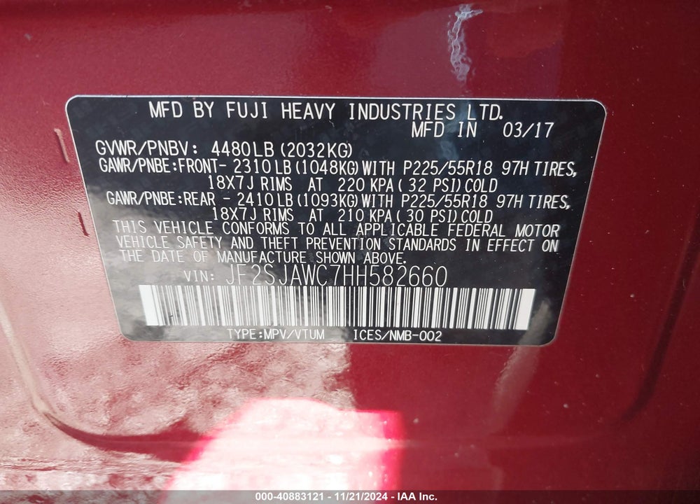 2017 SUBARU FORESTER VIN: JF2SJAWC7HH582660