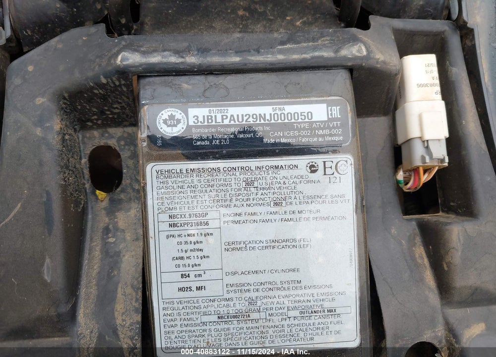 2022 CAN-AM OUTLANDER MAX XT 850/XT-P 850 VIN: 3JBLPAU29NJ000050