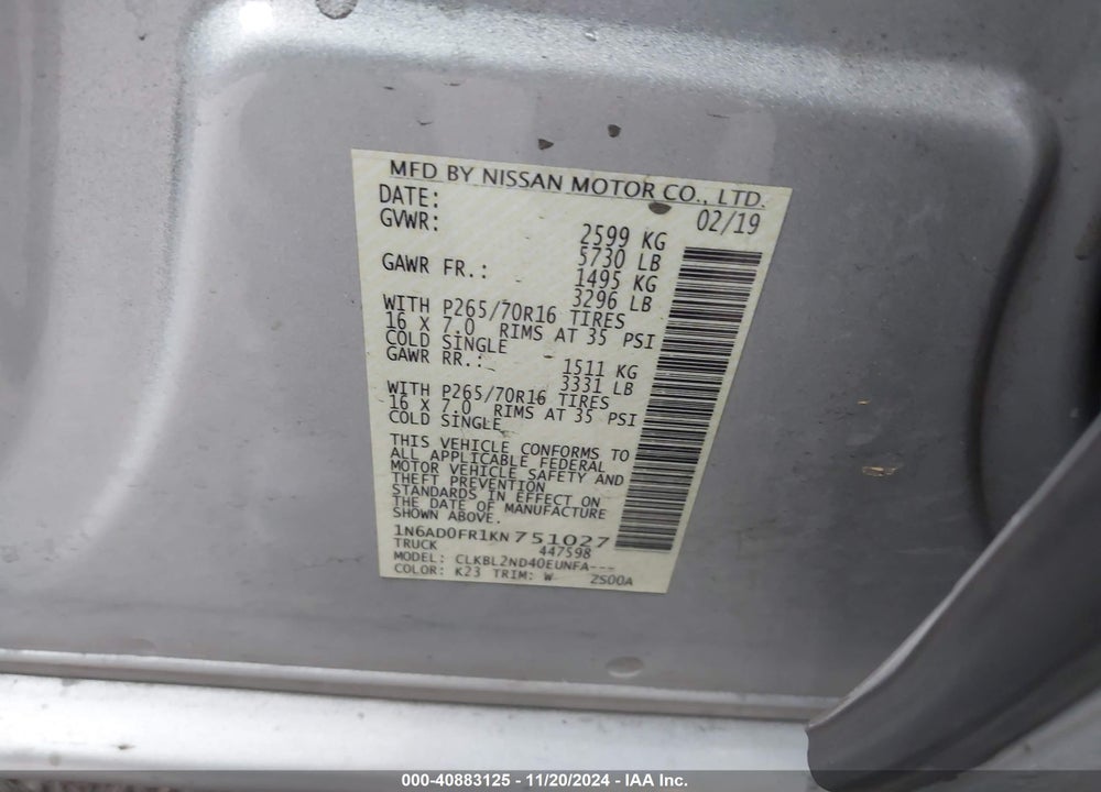2019 NISSAN FRONTIER SV VIN: 1N6AD0FR1KN751027