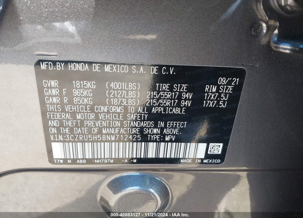 2022 HONDA HR-V 2WD EX VIN: 3CZRU5H58NM712425