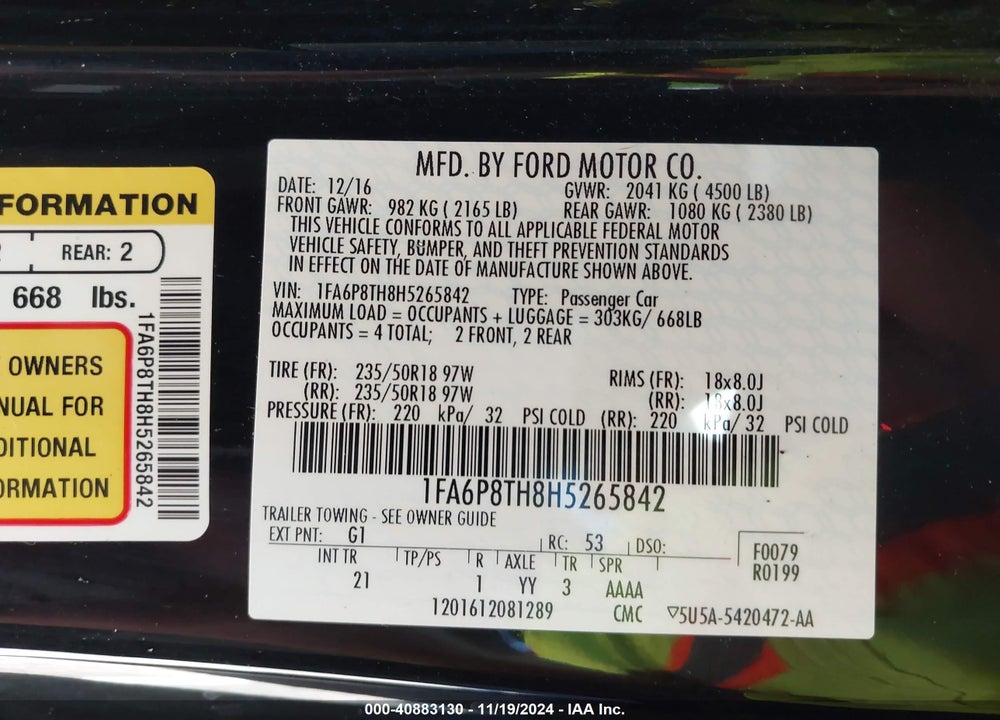 2017 FORD MUSTANG ECOBOOST VIN: 1FA6P8TH8H5265842