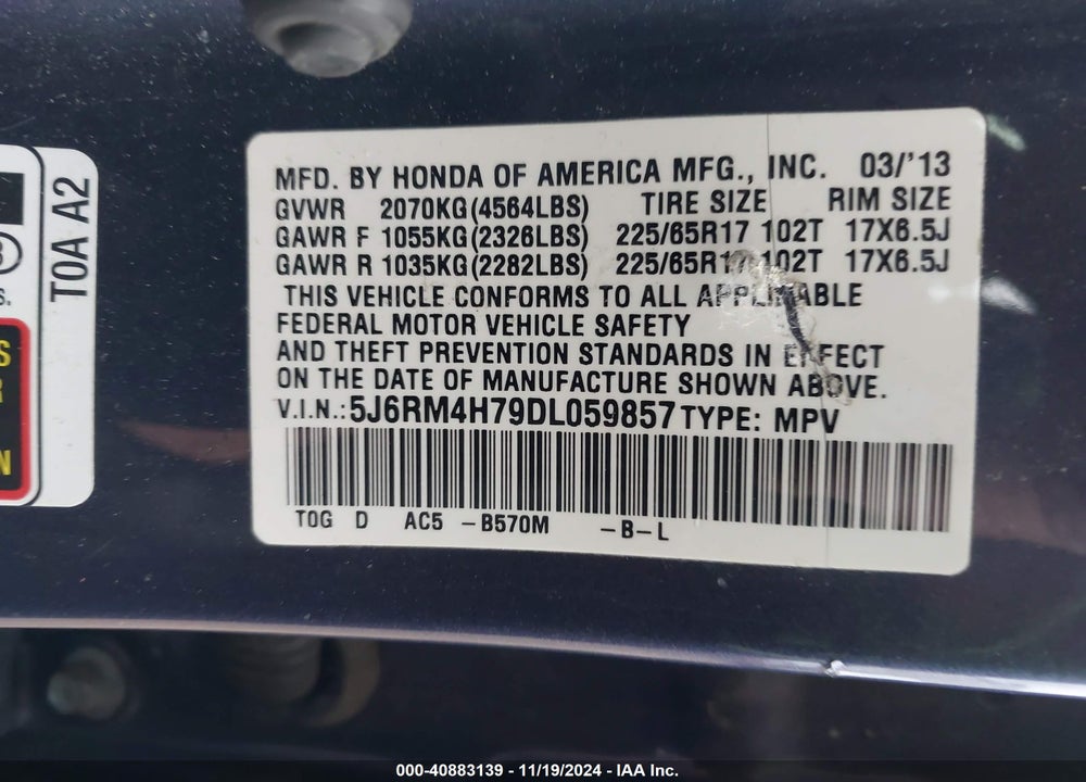 2013 HONDA CR-V EX-L VIN: 5J6RM4H79DL059857