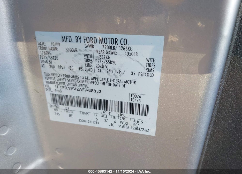 2010 FORD F-150 XLT VIN: 1FTFX1EV2AFA68833